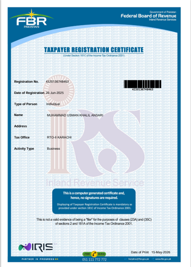 FBR Taxpayer Registration Certificate